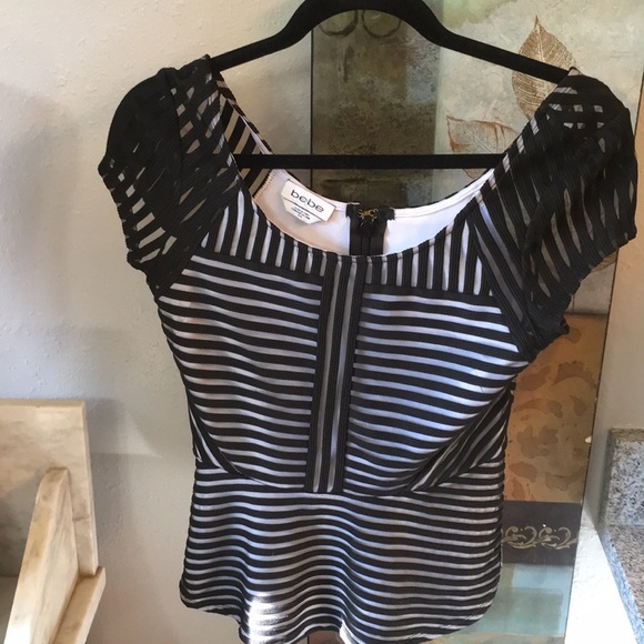 bebe Tops - Fabulous Bebe Stretchy Peplum Sheer Stripe Lined M